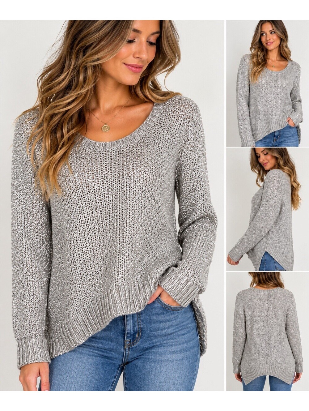 Anthropologie MOTH Sweater Womens S Silver Metallic Knit High Low Hem Pullover